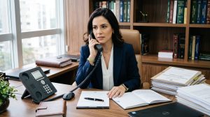 Advogada em escritório atendendo chamada em telefone fixo empresarial, com notebook e documentos sobre a mesa