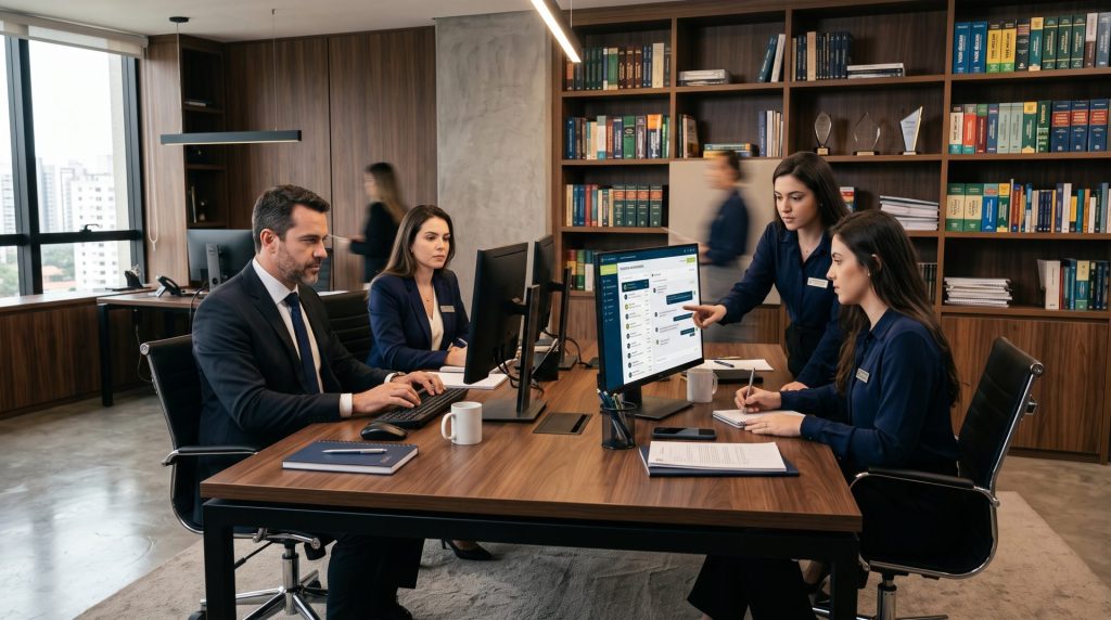 Equipe de escritório de advocacia atendendo conversas de clientes por uma plataforma no computador, com painel de fila e histórico