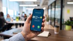 Chamada empresarial identificada na tela do celular com nome, logotipo e selo de validação da Origem Verificada